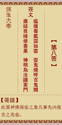 保生大帝灵签8签，保生大帝灵签第八签解签占卜详解