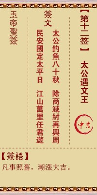 玉帝灵签12签，玉皇大帝灵签第十二签解签占卜详解